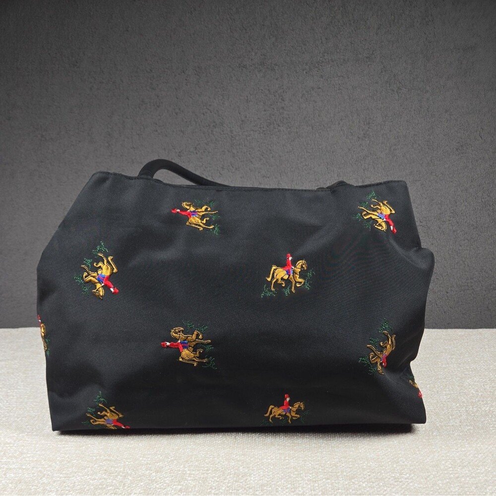 Black Equestrian Design Tote Purse Nylon Old Money Novelty Print Embroidered